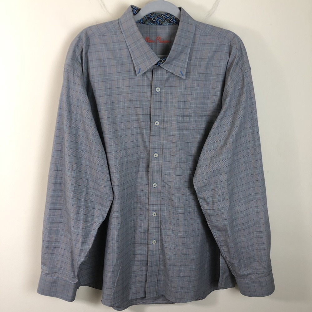Alan Flusser Button Down Long Sleeve Shirt Plaid Paisley Flip Cuff Mens XXL Gray